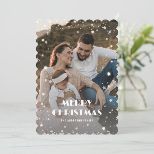 Zwarte witte geplakte sneeuwsterren foto Vrolijk k Feestdagenkaart (Staand voorkant)