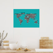 zwarte witte gestreepte kaart turquoise poster (Keuken)