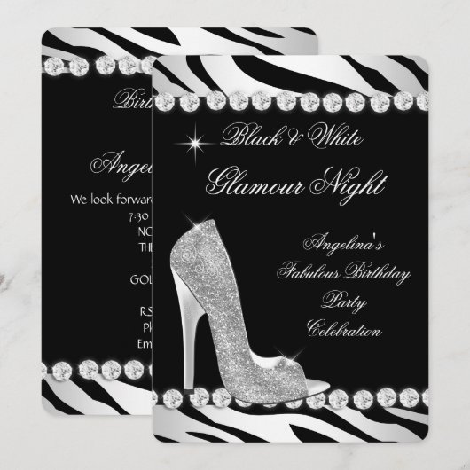 Zwarte witte glamour Night Zebra Glitter Shoes Kaart (Voorkant / Achterkant)