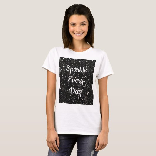 Zwarte witte glanzende gliter Sparthday text T-shirt (Voorkant volledig)