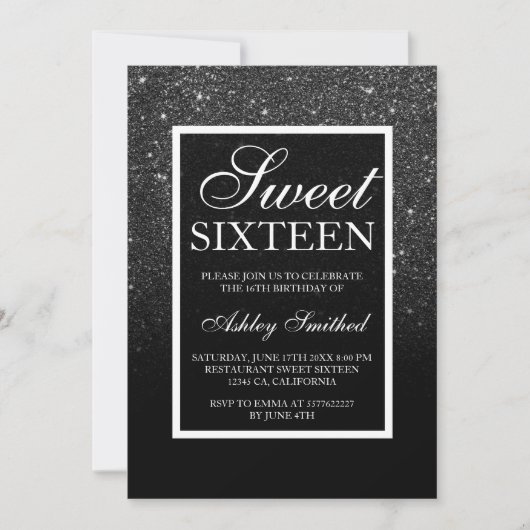 zwarte witte glitter elegant script chic Sweet 16 Kaart (Voorkant)