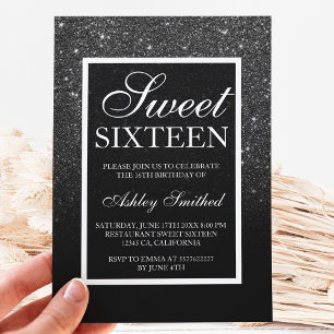 zwarte witte glitter elegant script chic Sweet 16 Kaart