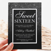 zwarte witte glitter elegant script chic Sweet 16 Kaart