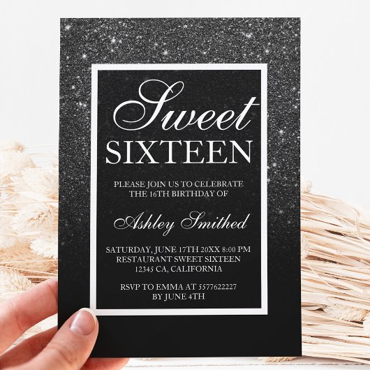 zwarte witte glitter elegant script chic Sweet 16 Kaart
