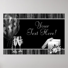 Zwarte Witte Glitters Champagne Feest Banner Poster