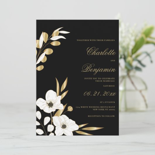 Zwarte witte goudelegante luxe bruinbruiloft kaart (Staand voorkant)