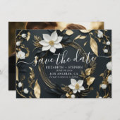 Zwarte Witte Gouden Bloemenkrans Trouwfoto Save The Date (Voorkant / Achterkant)