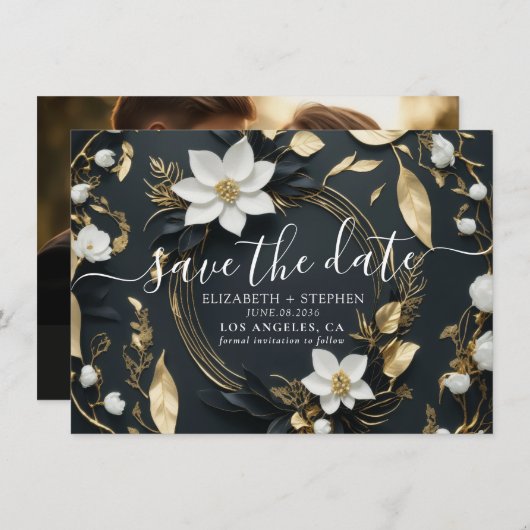 Zwarte Witte Gouden Bloemenkrans Trouwfoto Save The Date (Voorkant / Achterkant)