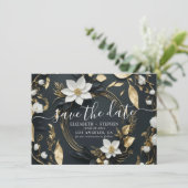 Zwarte Witte Gouden Bloemenkrans Trouwfoto Save The Date (Staand voorkant)