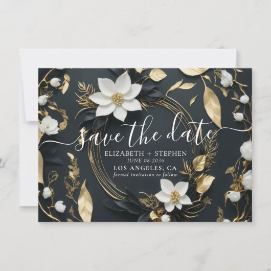 Zwarte Witte Gouden Bloemenkrans Trouwfoto Save The Date (Voorkant)