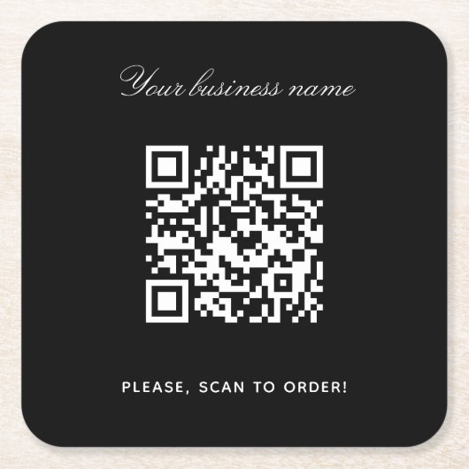 Zwarte witte handelsnaam qr code kartonnen onderzetters (Voorkant)