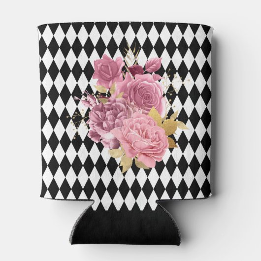 Zwarte witte Harlequin met roze bloemen Blikjeskoeler (Achterkant)