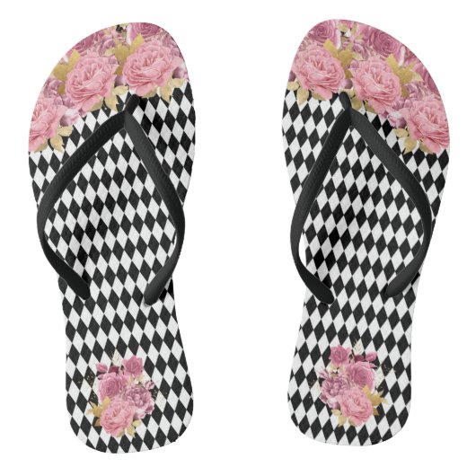 Zwarte witte Harlequin met roze bloemen Teenslippers (Voetbed)