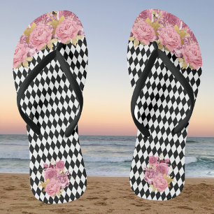 Zwarte witte Harlequin met roze bloemen Teenslippers
