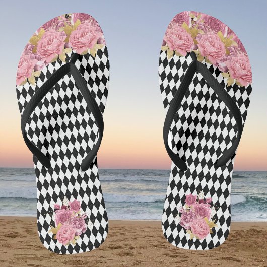Zwarte witte Harlequin met roze bloemen Teenslippers