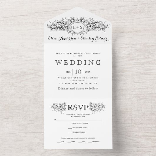 Zwarte, witte  heraldische kam bruiloft all in one uitnodiging (Binnen)