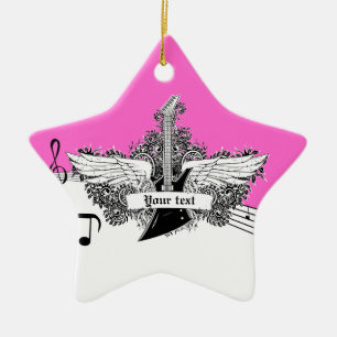 Zwarte witte hete roze elektrische gitaar met vleu keramisch ornament