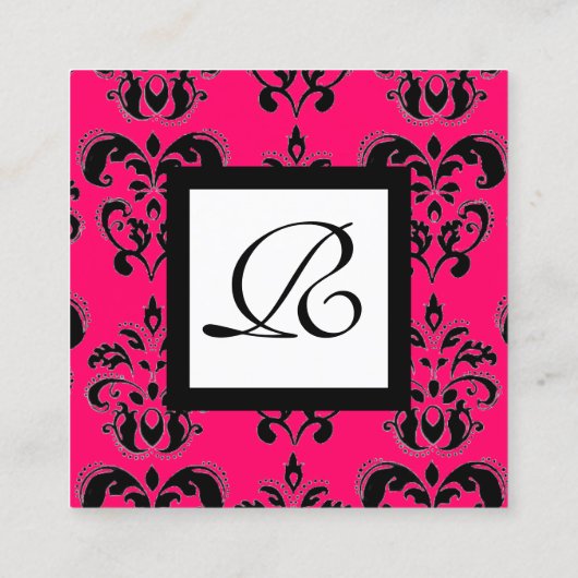 ZWARTE WITTE HOT PINK DAMASKSQUARE MONOGRAM VIERKANTE VISITEKAARTJE (Achterkant)