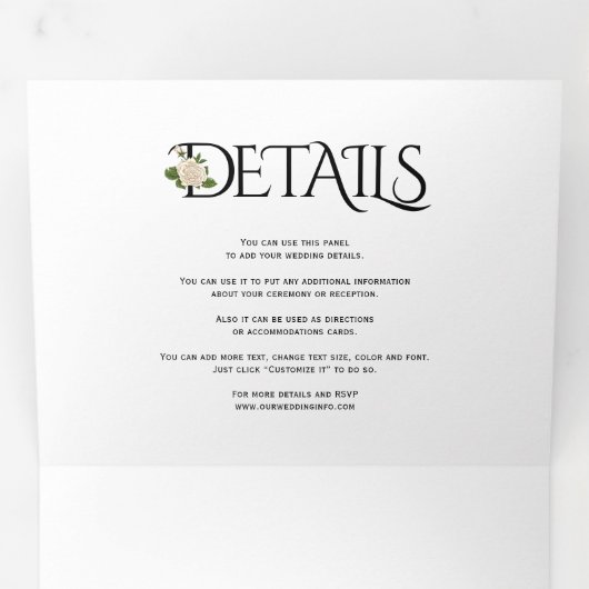 Zwarte, witte initialen en ampersand, roos bruilof drieluik uitnodiging (Binnenzijde eerst)