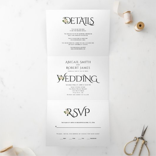 Zwarte, witte initialen en ampersand, roos bruilof drieluik uitnodiging (Binnen)