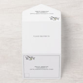 Zwarte witte initialen en ampersand, roos bruiloft all in one uitnodiging (Buitenkant)