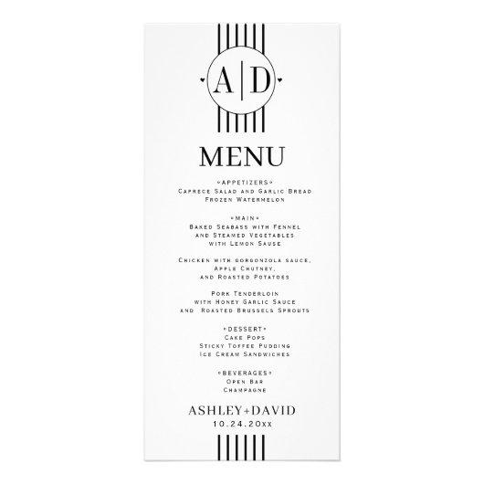 Zwarte, witte initialen, strepen bruiloft menukaar reclamekaart (Voorkant)