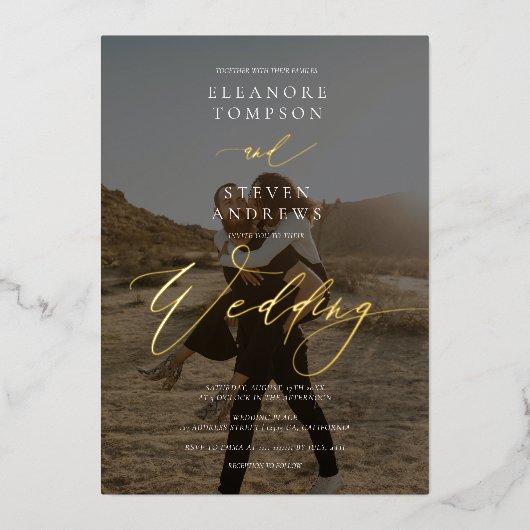 Zwarte witte kalligrafie 2 fotominimalistische bru folie uitnodiging (Voorkant)