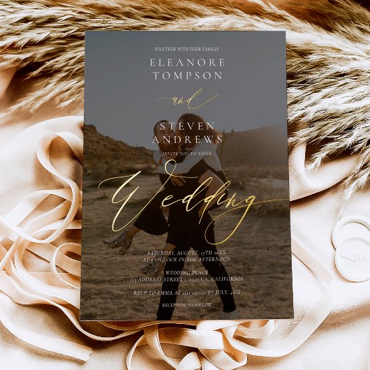 Zwarte witte kalligrafie 2 fotominimalistische bru folie uitnodiging