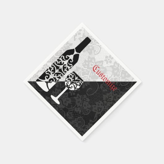 Zwarte & Witte kant Wijnfles servetten (Hoek)