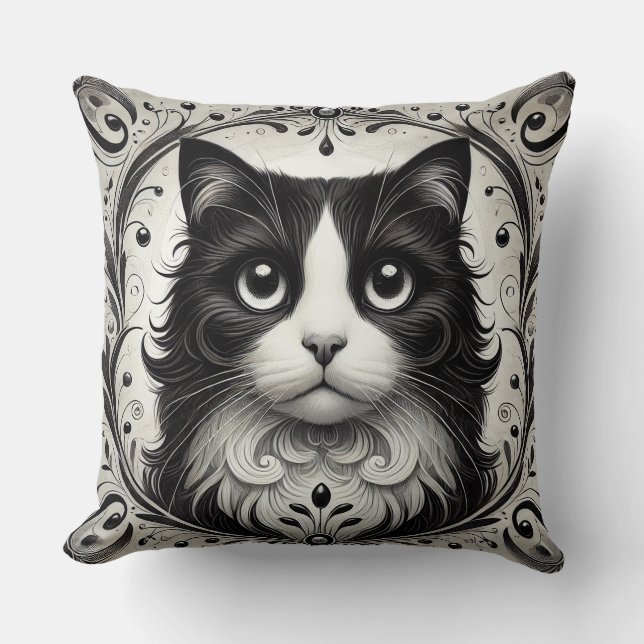 Zwarte & Witte Kat Elegante Huisdierliefhebber Kussen (Voorkant)
