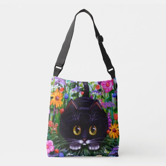 Zwarte witte kat en bloemen zomer crossbody tas (Voorkant)