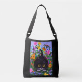 Zwarte witte kat en bloemen zomer crossbody tas (Voorkant)
