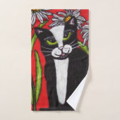 Zwarte Witte Kat Groene ogen Witte Daisies Rood Handdoek (Handdoek)