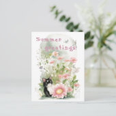Zwarte witte kat in Floral Garden Briefkaart (Staand voorkant)