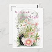 Zwarte witte kat in Floral Garden Briefkaart (Voorkant / Achterkant)