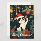 Zwarte Witte Kat Kerstboom Ornamenten Santa Hat Feestdagenkaart (Voorkant / Achterkant)