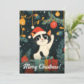 Zwarte Witte Kat Kerstboom Ornamenten Santa Hat Feestdagenkaart (Staand voorkant)