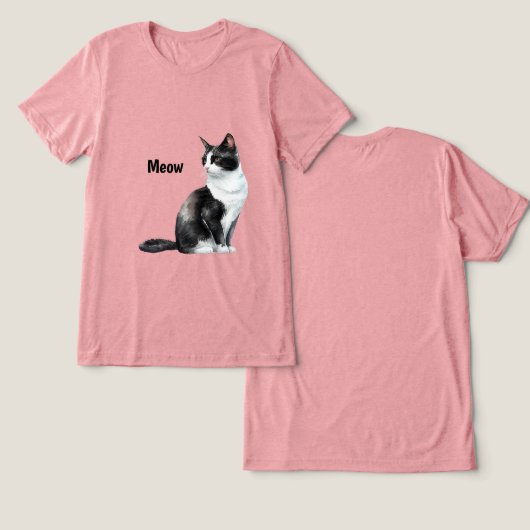 Zwarte witte kat miauw Tri-Blend shirt (Ontwerp Voorkant & Achterkant)