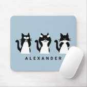 Zwarte witte katten | Drie witte Katten lichtblauw Muismat (Met muis)