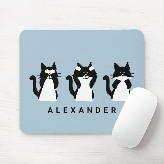 Zwarte witte katten | Drie witte Katten lichtblauw Muismat (Met muis)