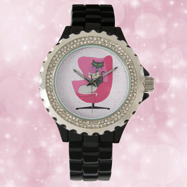 Zwarte Witte Katten  Roze Stoel Diamond Collar Horloge (Two pretty cats in diamond collars in vintage pink chair on pink dots on white ladies watch.)