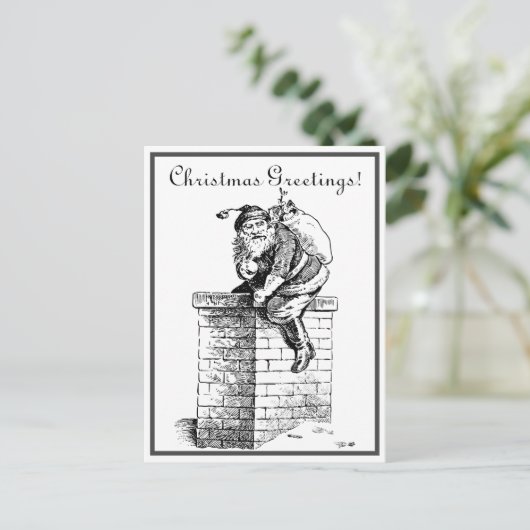 Zwarte witte  kerstman die naar de schoorsteen gaa feestdagenkaart (Staand voorkant)