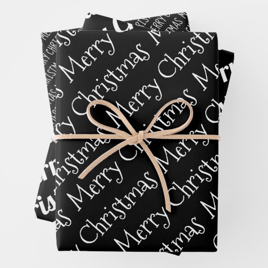 Zwarte, witte kersttypografie moderne feestdag inpakpapier vel (In situ)