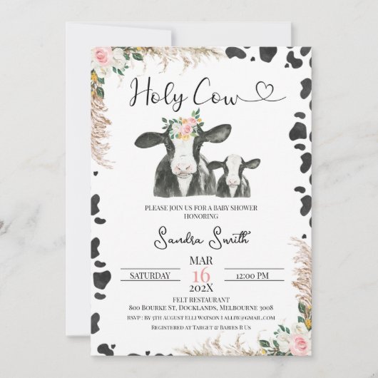 Zwarte witte Koe Calf Floral Koe Baby shower afdru Kaart (Voorkant)
