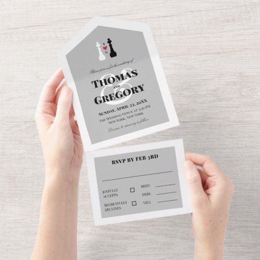 Zwarte Witte Koning Schaakstukken Gay Wedding All In One Uitnodiging (Afscheurbaar)