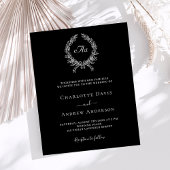 Zwarte witte krans monogram bruiloft uitnodiging