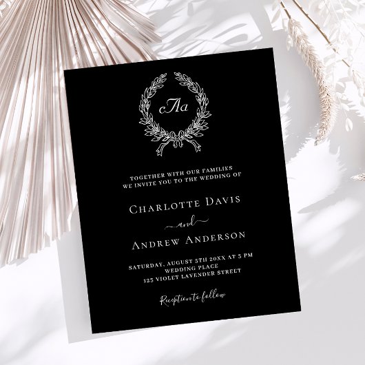 Zwarte witte krans monogram bruiloft uitnodiging