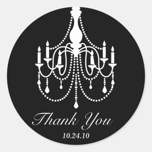 Zwarte witte kroonluchter dank u ronde sticker (Voorkant)