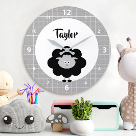 Zwarte witte Lamb Kawaii Kind Nursery Script Name Grote Klok