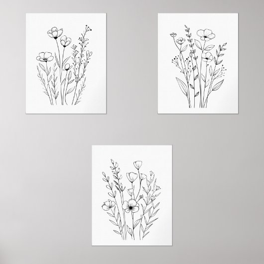 Zwarte Witte Lijn Getrokken Bloemen Set van 3 Wall (Voorkant)